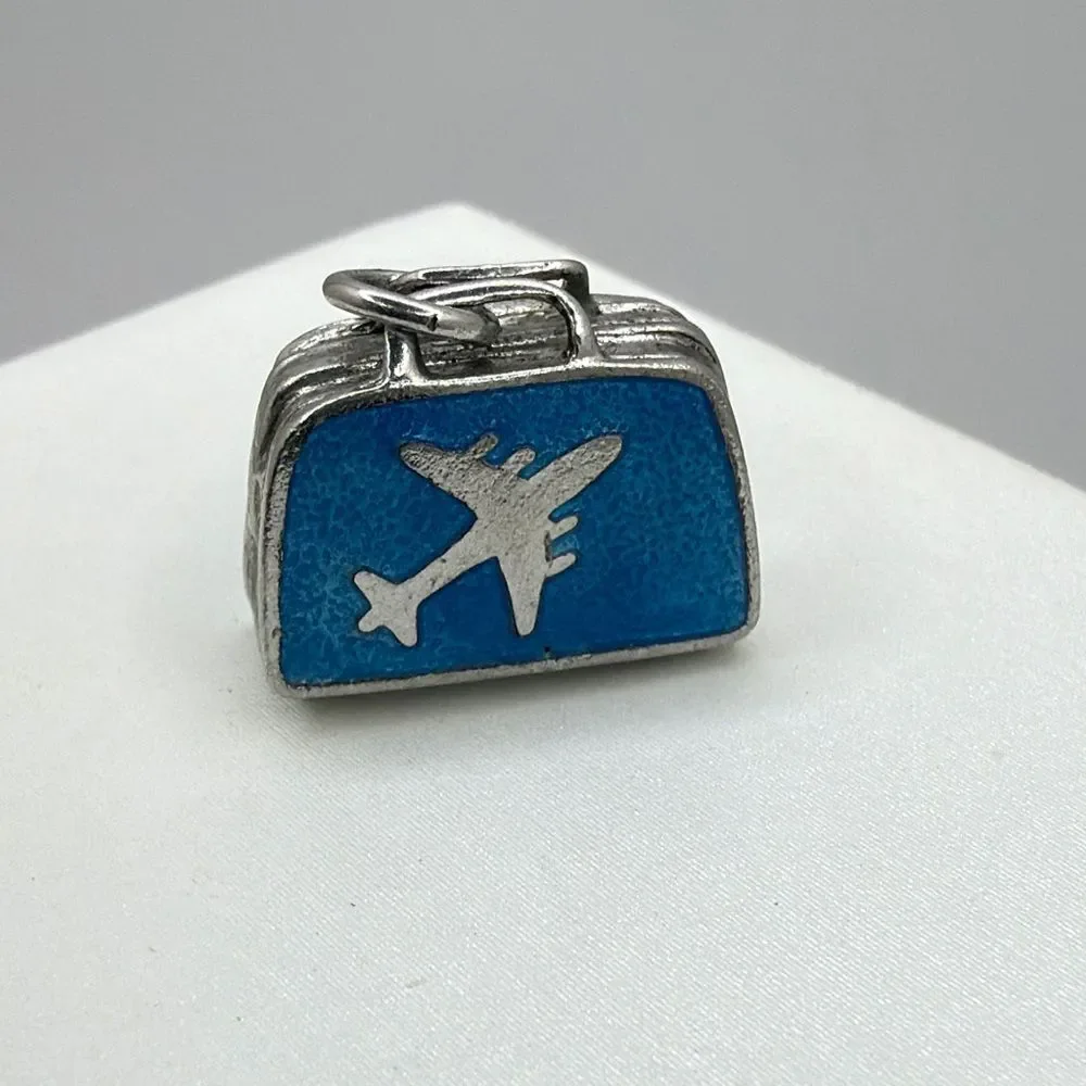 Vintage Sterling Silver and Blue Enamel, airplane suitcase charm/pendant